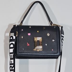Karl Lagerfeld Black Leather CZ Embellished Crossbody Tote Bag NWT and Dustbag